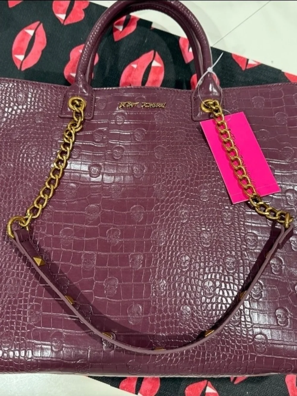Betsey Johnson Brown Croc-Embossed Tote with Gold Chain Strap